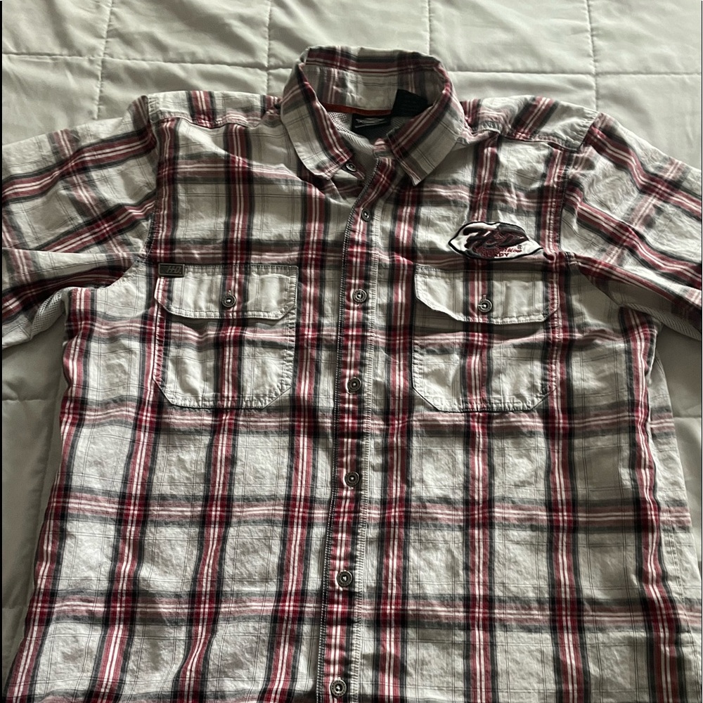 Harley-Davidson embroidered plaid button down shirt.